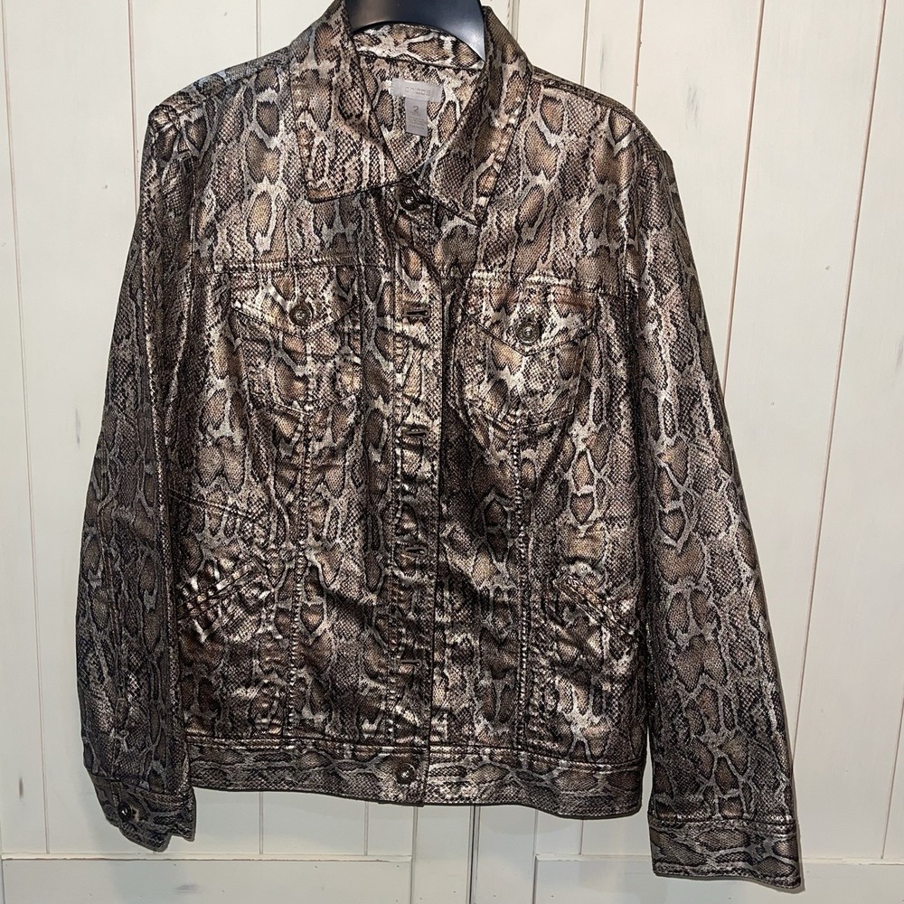 Chico's Metallic Bronze Snake Print Jacket Size 2  Large Moto Biker Rockabilly